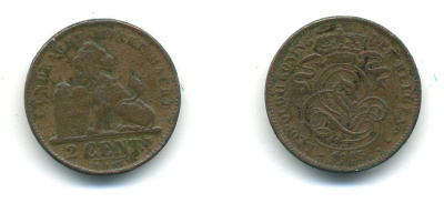 БЕЛЬГИЯ 2 САНТИМА 1905 BELGEN KM 36 медь 84-226