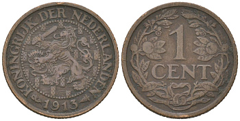 Нидерланды 1 цент 1913 Вильгельмина (1890-1948) KM 152 бронза 4154-1234