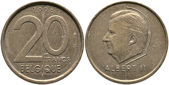 БЕЛЬГИЯ 20 ФРАНКОВ 1996 BELGIQUE KM 191 никель бронза 65-1153
