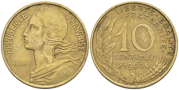 Франция 10 сантимов 1968 тип Marianne KM 929, LE FRANC 144.8 медь алюминий никель 4511-851