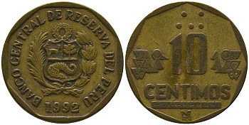 Перу 10 сентимо 1992 LIMA KM 305.1, Schon 104 латунь 4543-541