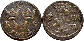 Швеция 1/6 эре 1672 S.m. Карл XI (1660-1697) KM 254 медь 4395-1045