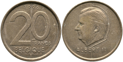 БЕЛЬГИЯ 20 ФРАНКОВ 1996 BELGIQUE KM 191 никель бронза 65-1153