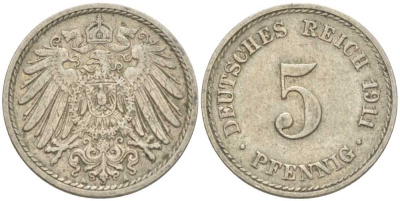 Германия 5 пфеннигов 1911 A KM 11, J. 12, Weege 6 медно-никель 206-1229
