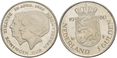 Нидерланды 1 гульден 1980 на коронацию Беатрикс, 30 апреля 1980 KM 200 никель 31-847