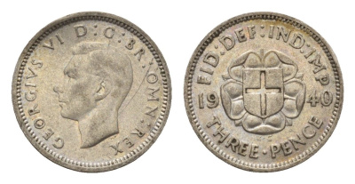 Великобритания 3 пенса 1940 Георг VI (1936-1952) KM 848, Spink 4085 серебро 4644-844