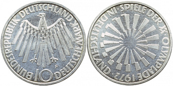 ФРГ 10 МАРОК 1972 F, ОЛИМПИАДА, СПИРАЛЬ KM 130, J.401a серебро UNC 1520-1413