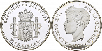 Палау 5 долларов 1999 испанские 5 песет, Альфонсо XIII KM 16 серебро PROOF 1077-9-63
