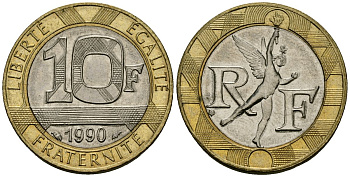 Франция 10 франков 1990 тип Гений Бастилии KM 964.1, Le Frank 375.5 биметалл 4135-543