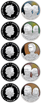 Австралия набор из 5 монет по 1 доллару 2006 лица на банкнотах, красочный набор, с сертификатом, серебро PROOF 1-4-6-06