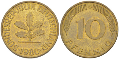 ФРГ 10 ПФЕННИГОВ 1980 G KM 108, J. 383 сталь плакированная латунью 4182-921