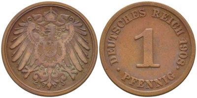 ГЕРМАНИЯ 1 ПФЕННИГ 1908 J KM 10, J. 10, Weege 2 медь 211-414