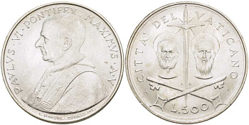 Ватикан 500 лир 1967 V год, Павел VI (1963-1978), Святые Петр и Павел KM 99 серебро 3333-1111