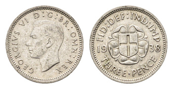 Великобритания 3 пенса 1938 Георг VI (1936-1952) KM 848, Spink 4085 серебро 100-732
