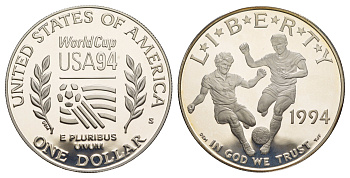 США 1 доллар 1994 S, Чемпионат мира по футболу 1994 KM 247 серебро PROOF 11-266-23