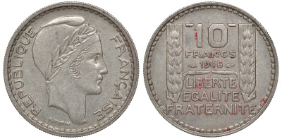 Франция 10 франков 1948 тип Пьер Турин KM 909.1, Le Franc 362.3 медно-никель 4162-115