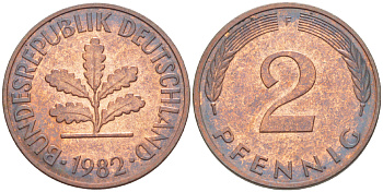 ФРГ 2 ПФЕННИГА 1982 F KM 106а, J. 381а сталь плакированная сталь плакированная медьюю 4181-844