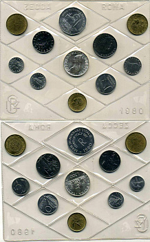 Италия госнабор из 10 монет + жетон 1980 серебро UNC 7-5-1-28