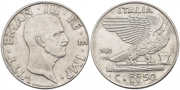 ИТАЛИЯ 50 ЧЕНТЕЗИМО 1940 R, ВИКТОР ИМАНУИЛ, XVIII ГОД KM 76b сталь 4548-141