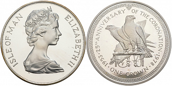 Остров Мэн 1 крона 1978 25 лет коронации королевы Елизаветы II, соколы KM 43a серебро PROOF 02-036-33