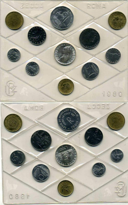 Италия госнабор из 10 монет + жетон 1980 серебро UNC 7-5-1-28