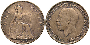 Великобритания 1 пенни 1928 Георг V (1910-1936) КМ 838, Spink 4055 бронза    08-745