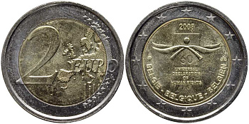 Бельгия 2 евро 2008 60 лет принятие декларации прав человека KM 248 биметалл UNC 115-1243