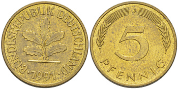 ФРГ 5 ПФЕННИГОВ 1991 D KM 107, J. 382 сталь плакированная латунью 4181-1033