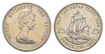 Восточные Карибы (Восточно-Карибские штаты) 25 центов 1996 Елизавета II (1952-2022), парусник KM 14 медно-никель UNC 4652-912
