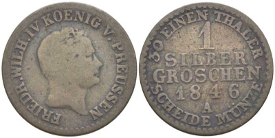 ПРУССИЯ 1 ГРОШ 1846 А, ФРИДРИХ ВИЛЬГЕЛЬМ IV (1840-1861) KM 435 серебро 201-629
