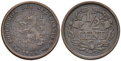 Нидерланды 1/2 цента 1914 Вильгельмина (1890-1948) KM 138 бронза 4576-353