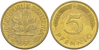 ФРГ 5 ПФЕННИГОВ 1991 D KM 107, J. 382 сталь плакированная латунью 4181-1033