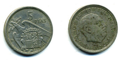 ИСПАНИЯ 5 ПЕСЕТ 1957 (69) ФРАНСИСКО ФРАНКО ДИКТАТОР ИСПАНИИ (1939-1975) KM 786 медно-никель 53-1221