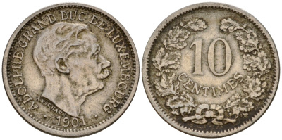 Люксембург 10 сантимов 1901 Адольф (1890-1905) KM 25 медно-никель 4602-435