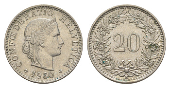 Швейцария 20 раппенов 1960 B KM 29a медно-никель 4625-1066