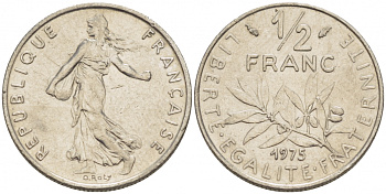 ФРАНЦИЯ 1/2 ФРАНКА 1975 KM 931.1 никель 3309-169