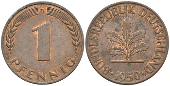 ФРГ 1 пфенниг 1950 D KM 105, J.380 сталь плакированная медью 4174-568