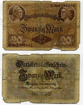 ГЕРМАНИЯ 20 МАРОК 1914 7 значный номер Pick 48 b бумага 6283-48-2