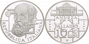 Италия 10 евро 2008 500 лет со дня рождения Андреа Палладио KM 305 серебро PROOF 01-163-45