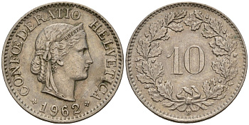 Швейцария 10 раппенов 1962 B KM 27 медно-никель 4189-363