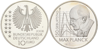 ФРГ 10 евро 2008 F, 150 лет со дня рождения Макса Планка KM 272, DE.S. 10.35 серебро PROOF 1076-3-75