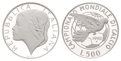 Италия 500 лир 1990 Чемпионат мира по футболу 1990 KM 136 серебро PROOF 1083-3-71