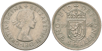 Великобритания 1 шиллинг 1966 Елизавета II (1952-2022), Шотландский герб KM 905, Spink 4148 медно-никель 4619-925