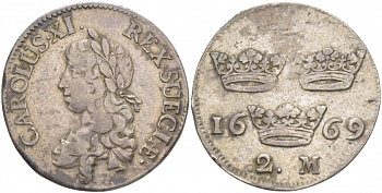 ШВЕЦИЯ 2 МАРКИ 1669 КАРЛ XI (1660-1697), ПЕРЕПУТКА, НОМИНАЛ ПОД КОРОНОЙ, БЕЗ МОНДВОРА, CAROLUS XI REX SUECIAE KM 242 (171.2) серебро 413-1543