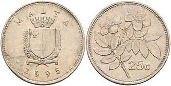 Мальта 25 центов 1995 шиповник вечнозелёный KM 97 медно-никель 3336-351