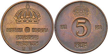 Швеция 5 эре 1958 T;S, Густав VI Адольф (1950-1973) KM 822 бронза 32-1143