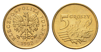 Польша 5 грошей 1992 Y 278 латунь UNC 4615-521