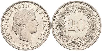 ШВЕЙЦАРИЯ 20 РАППЕНОВ 1989 В KM 29a медно-никель 55-1033