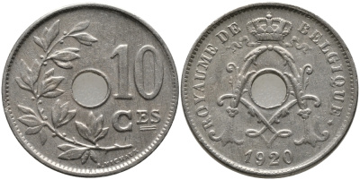 БЕЛЬГИЯ 10 САНТИМОВ 1920 BELGIQUE KM 85.1 медно-никель 4380-345