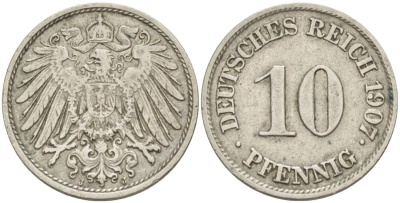 Германия 10 пфеннигов 1907 J KM 12, Jager 13, Weege 8 медно-никель 219-135